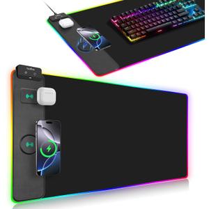 Wireless Charging Mouse Pad, RGB Gaming Mousepad, 31.5"x15.7" Extra Large Desk Pad, 13 Light Modes, Ultra-Smooth Surface, Non-Slip Base, Waterproof Computer Keyboard Mat for MacBook, PC, Laptop, Black