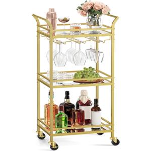 VASAGLE Bar Cart, Home Bar Serving Cart, Small Bar Serving Cart with 3-Tier Shelf, Wine Holders, Glass Holders, Mini Bar Cart for Small Spaces, Kitchen, Dining Room, Living Room, Pale Gold (11.8"D x 18.4"W x 36.2"H)