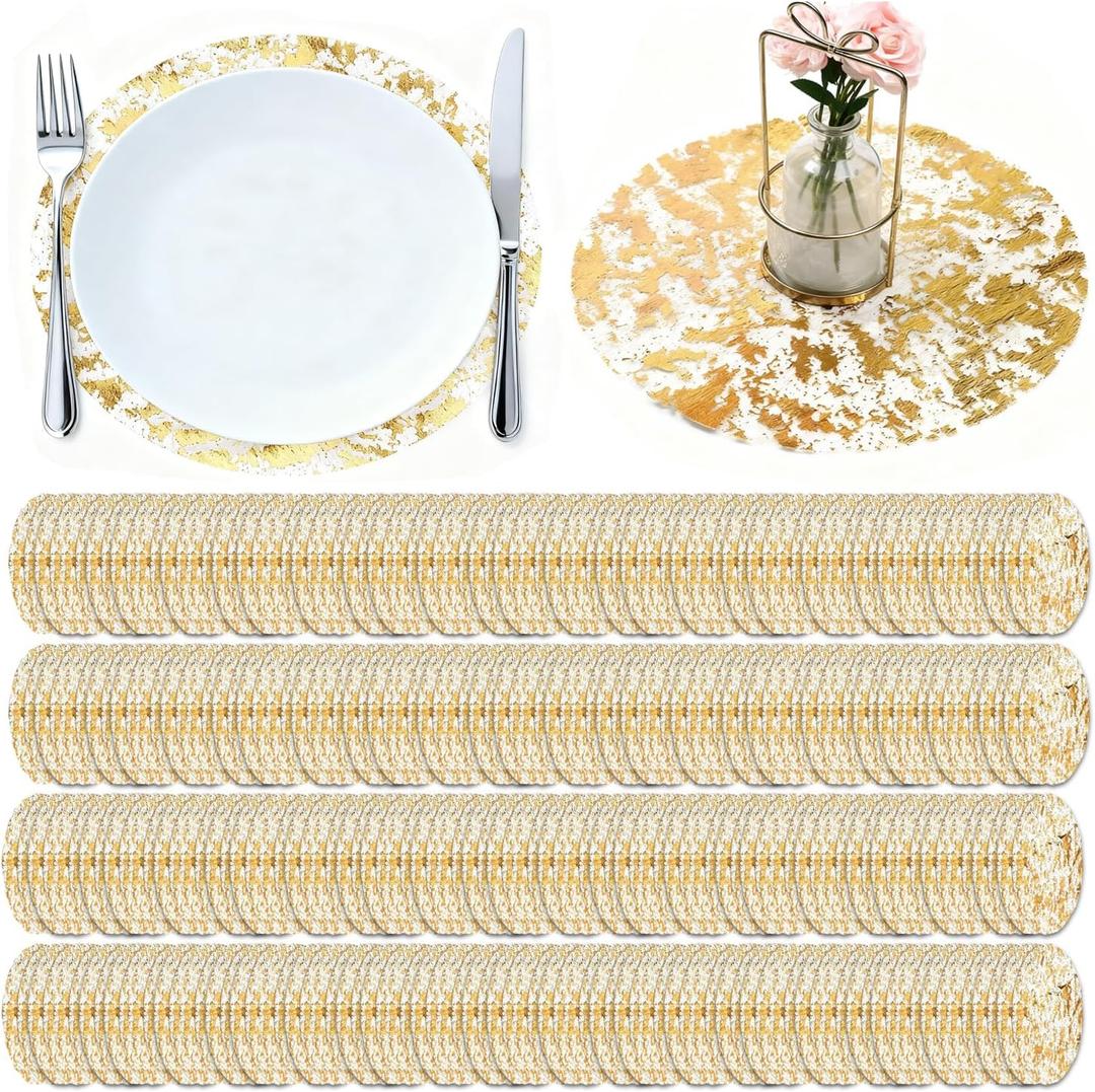 150PCS Gold Foil Placemats Disposable - 13 Inch Round Metallic Table Runner Set, Pressed Paper Doilies for Wedding Birthday Party Christmas Dining Decor (Golden Chargers Style)