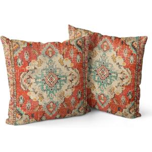 Boho Pillow Covers 18"x18" Set of 2 Monaco Orange Bohemian Carpet Double Sided Pattern Linen Pillowcases Cushion Cover for Farmhouse Couch Sofa Bed Decorative, Only Pillowcase
