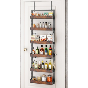 bukfen Over the Door Pantry Organizer, 6-Tier Adjustable Wooden Basket Kitchen Pantry Door Organization and Storage, Heavy-Duty Metal Hanging Kitchen Spice Rack,D6.3 x W17.71 x H50.60 inch,1 Pack (Black pole wood color)