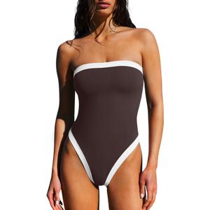 LASLULU Womens Sexy One Piece Swimsuit Strapless Padded Square Neck Bandeau Bathing Suits with Adjustable Spaghetti Straps (Medium, Coffee)
