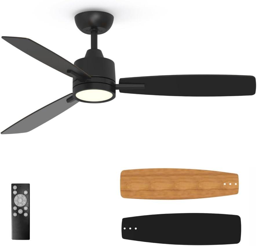 TALOYA 52 Inch Ceiling Fans with Lights Led Remote Control Flush Mount Low Profile for Living Room Bedroom Outdoor Farmhouse Patio Kitchen Dining Room, DC Motor, Reversible,  3 Color Temperatures, Black