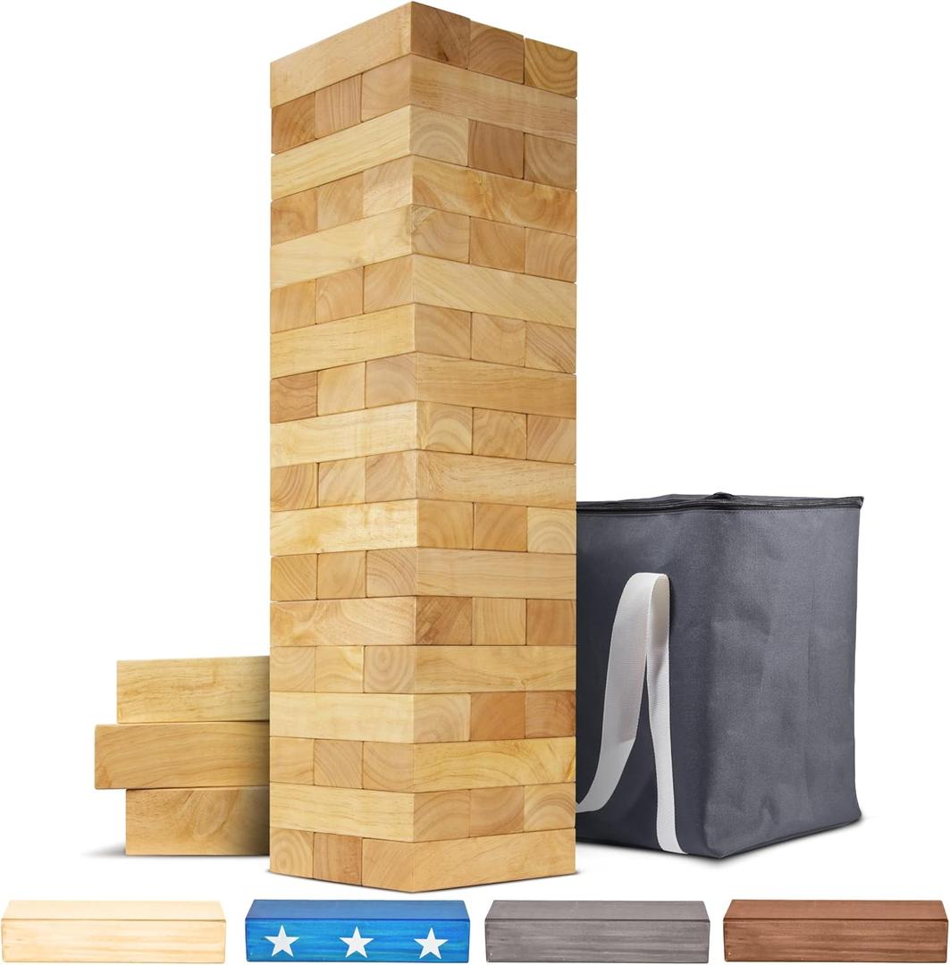 GoSports Giant Wooden Stacking Game - Stacks Up to 5 ft - Choose Brown Wood Stain, Gray, Natural, Stars & Stripes, or Tropical Hardwood - Toppling Tower