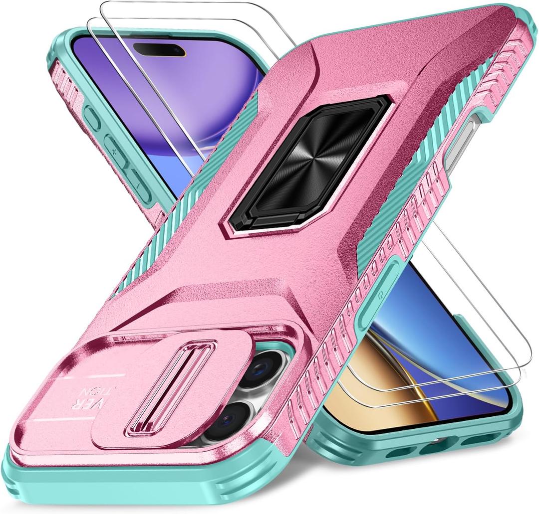 Case for iPhone 16 Pro with Slide Camera Cover+Screen Protector(2 Packs), Military Grade Shockproof Protective Cover, Rotated Ring Kickstand(A - Pink+Celadon)