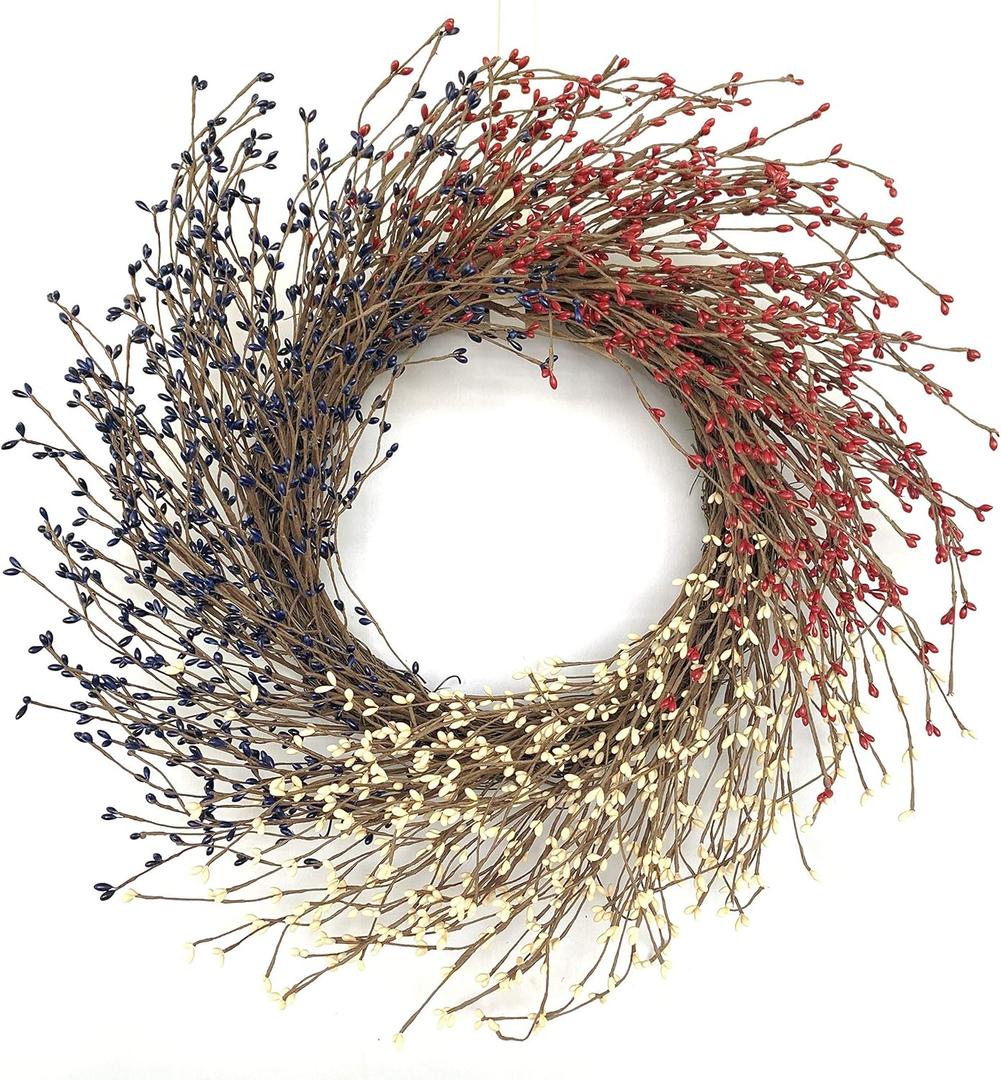 24 Inch Summer Patriotic Wreath for 4th July, Independence Day Wreath Pip Berry for American Farmhouse Grapevine Front Door Wall Window Decoration Home Dcor