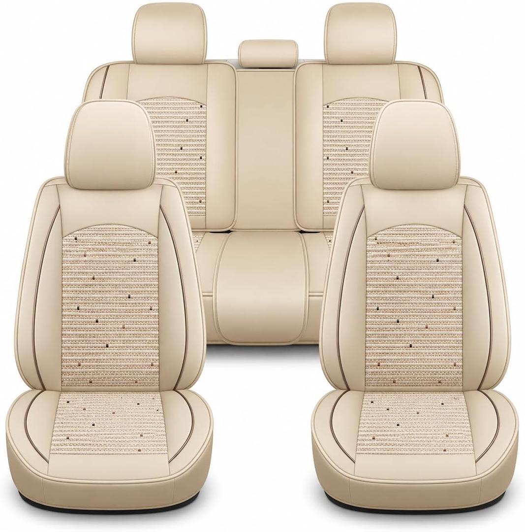 Car Seat Covers Full Set 5 Seats, Faux Leather & Breathable Cooling Mesh Universal Seat Covers for Cars, Anti-Slip Airbag Compatible Front & Rear Seat Protectors for Sedans SUV Truck, Beige