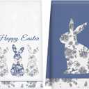 Frienda 2 Pcs Blue Easter Kitchen Towels Blue Floral Easter Hand Towels Bunny Dish Towel 17 x 26 Inch Rabbits Bow Decor Kitchen Towel Spring Farmhouse Holiday Room Decoration