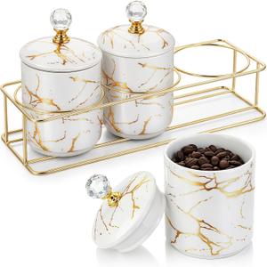 3 Pcs Ceramic Coffee Canister Set with Lids and Metal Stand, Marble Sugar Coffee Tea Containers, Kitchen Counter Storage Jars for Bar Accessories