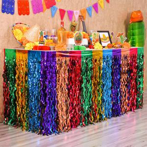 Mega-L Fiesta Party Decorations, 2 Pack Cinco de Mayo Decorations Taco Party Decorations Wavy Metallic Tinsel Foil Fringe Table Skirts, Mexican Themed Photo Booth Props Birthday Loteria Table Decor