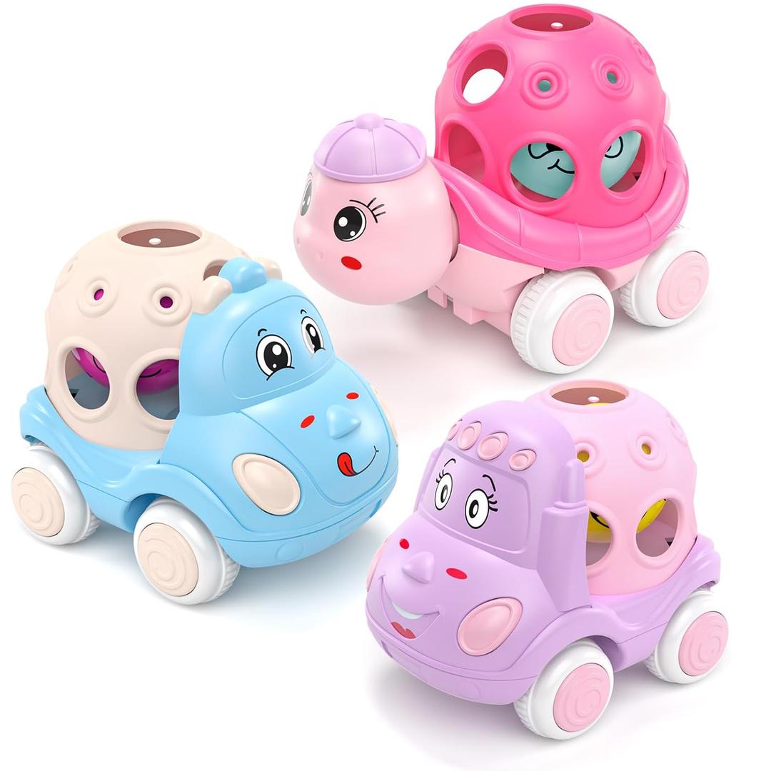 Baby Girl Toy Cars for Toddlers 1-3, Push and Go Rattle Cars for Baby Toy 6-9-12-18 Months, First Birthday Gifts for 1 2 Year Old Girls, Infant Pink Friction Truck Set Valentines Gift