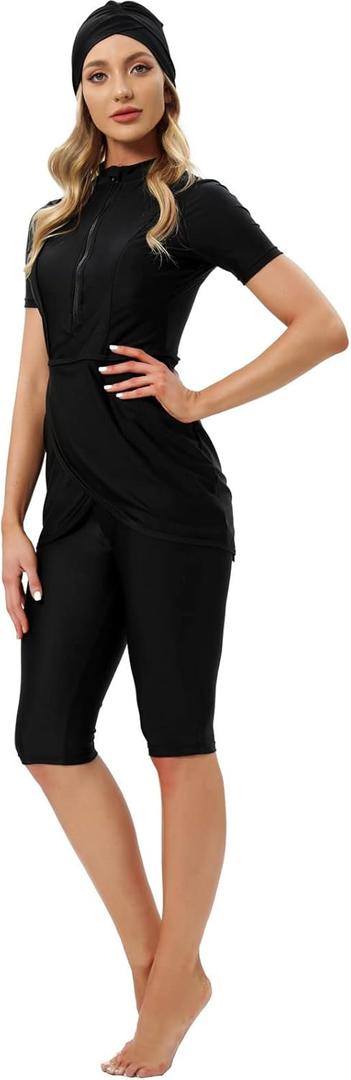 Muslim Swimsuits for Women Modest Full Cover Swimwear Short Burkini Top Pants Hijab Islamic Swimsuit 3Pcs Rashguard (Large, Black)