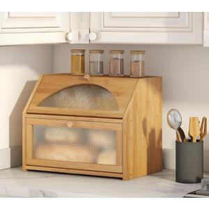 Bread Box, Bamboo Wood Bread Box for Kitchen Counter, Double-layer Bread Storage Bin, Acrylic glass with Diamond Patterns (Natural, Large)