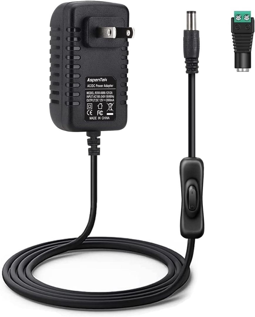12V Power Supply with Switch, 110V to 12V AC to DC Power Adapter for LED Light Bar, Strip, Neon Sign, CCTV, 24 Watts 2A, 5.5 x 2.1 mm DC Barrel Connector, Black