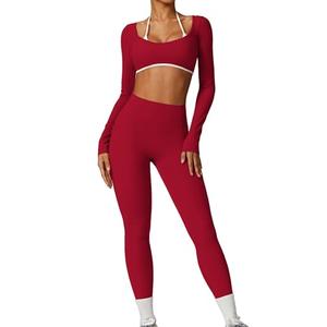 ABOCIW Workout Sets for Women Long Sleeve Crop Top with Built in Bra Halter Open Back Yoga Shirts Butt Lifting High Waist Leggings with Pockets 2 Piece Gym Sets Cherry Red Small