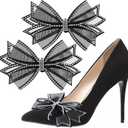 2 Pcs Black Shoe Clips for Women Dress Shoes, Mesh Bow Rhinestone High Heel Shoe Clips Buckle Detachable Bow Heels Clothing Accessories for Women Girls Wedding Party Prom