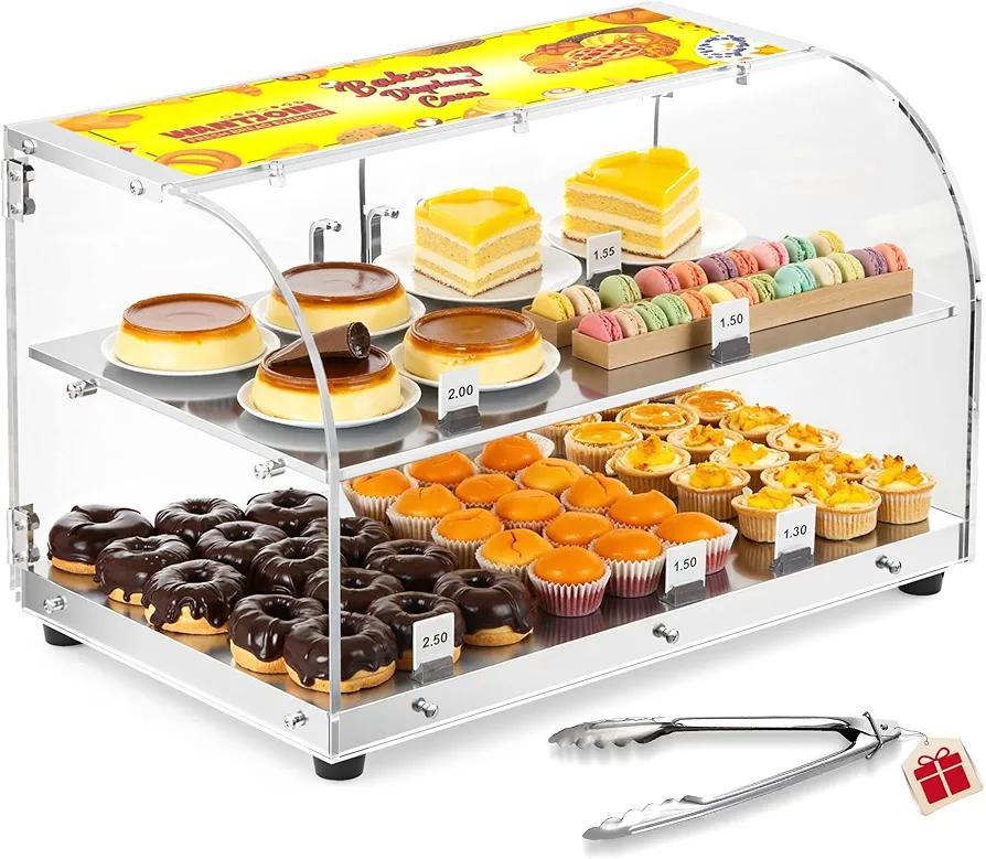 Pastry Display Case - 22" Bakery Display Case 2-Layer Acrylic Pastry Display Case Countertop with Stainless Steel Shelves & Base, 2 Magnetic Rear Doors Commercial Food Display Case for Pastry Dessert