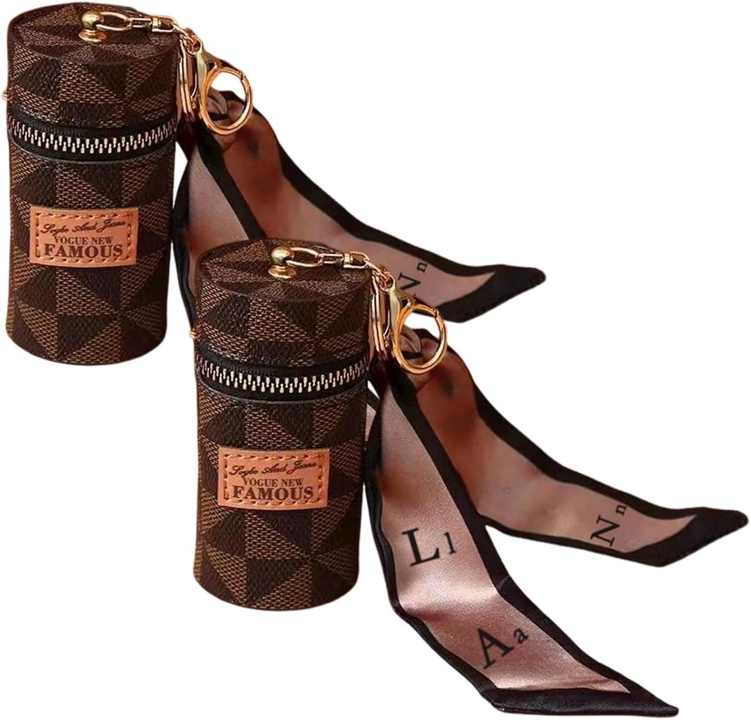 2Pcs Lipstick Organizer, Luxury Leather Lip Gloss Bag, Mini Lipstick Case with Keychain, Girls travel Lipgloss Makeup Storage Holder for Purse Perfume Fingernail Polish (Classic)