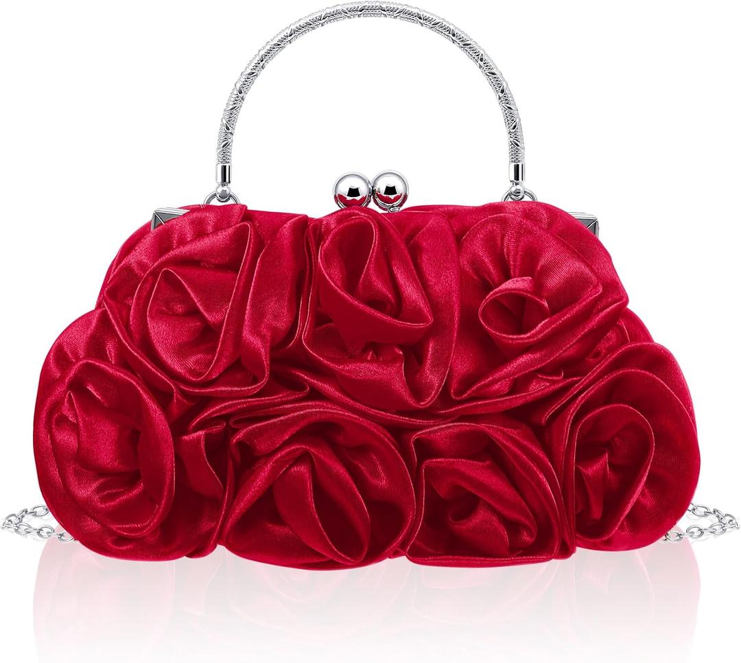 Women Evening Clutch, Small Floral Satin Purse with Detachable Strap for Valentine's Day Wedding Party Prom Gift