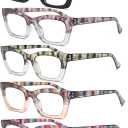 Hubeye 5 Pairs Fashion Style Square Reading Glasses for Women Men Blue Light Blocking Computer Readers with leather case (Black/Purple/Green/Orange/Blue)