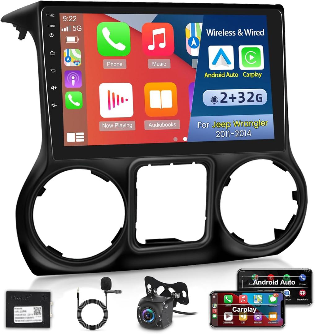for Jeep Wrangler 2011-2014 with Wireless Apple Carplay and Android Auto, 2+64G 10.1 Inch Touchscreen Android Car Radio, DSP/Multiple UI/GPS/WiFi + AHD Backup Camera