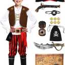 Pirate Costume Set for 3-14 Years Boys, Kids Pirate Costume Set for Toddler Halloween Dressup, Themed Party Red (5-7Y)
