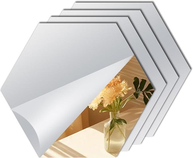 Abyssaly Hexagon Mirror Stickers for Walls 4 Pack 11.8''x11.8'' Self Adhesive Flexible Acrylic Wall Mirrors Decorative Peel and Stick Mirror Tiles 2mm Thick Stick on Mirrors for Wall Door Locker