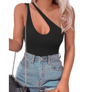 SAUNGKUAI Women's Sexy One Shoulder Sleeveless Cutout Thong Bodysuit Tank Top Body Suits V Backless Tummy Control Shapewear M