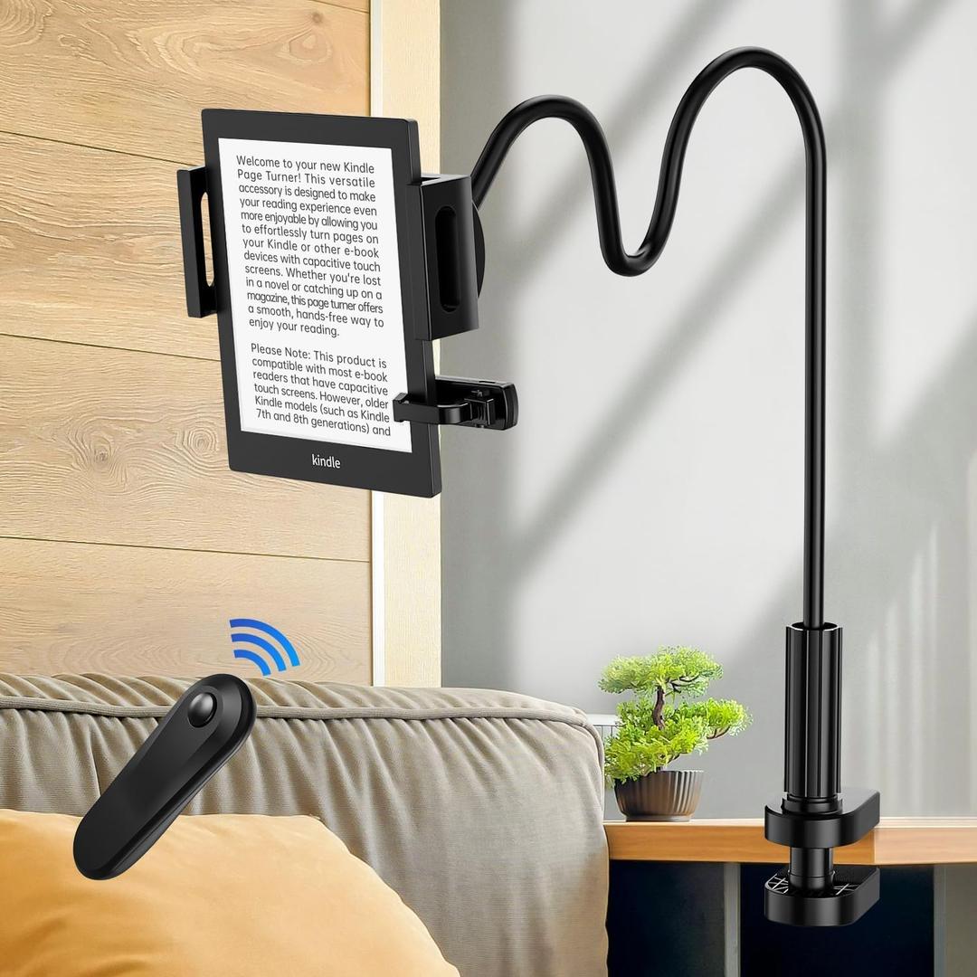 Kindle Holder with Remote Page Turner | Hands-Free Stand for Reading in Bed or Desk Compatible with Kindle Paperwhite, Oasis, iPad, iPhone, and More | Fits Devices from 4.5 to 10