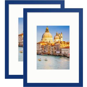 wyooxoo 8x12 Picture Frame Set of 2 Dark blue Solid Wood Photo Frames Display Pictures 6x8 with Mat or 8x12 Without Mat Colorful Frame For Wall or Tabletop Display, Dark Blue