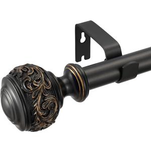 Black Curtain Rods, 36-72'' Decorative Window Curtain Rod 1-Inch Diameter with Modern Design Floral Carved Ball Finials, Drapery Curtain Pole Extends from 36 to 72 Inches,Floral Antique Black