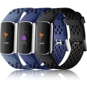 Maledan Compatible with Fitbit Charge 5/ Fitbit Charge 6 Bands Women Men, Breathable Sport Band Soft Waterproof Replacement Wristbands Strap for Fitbit Charge 5/ Charge 6 Advanced Fitness Tracker (Blue Gray/ Navy Blue/ Black)