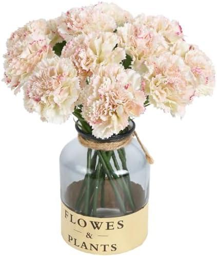 ICBOX Artificial Carnations Pink Silk Flowers 15pcs Fake Carnation Artifcial Flowers with Stems for Home Decor Wedding Bridal Bouquet Anniversary Birthday Floral Arrangements (Pink in White