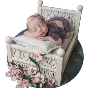 M&G House Newborn Photography Props Bed Woven Wooden Baby Photo Props Classic Retro Photoshoot Bohemian Macrame White Wood Bed Photo Studio Gift