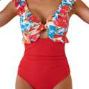 Aidonger Women's One Piece Swimsuit Tummy Control Ruffle Bathing Suit V Neck Ruched Swim Suit Slimming Cutout Swimwear (Red, M)
