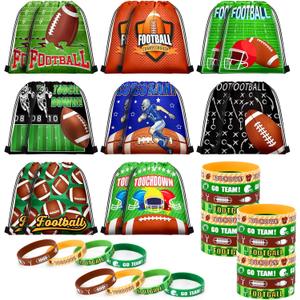 Sadnyy 32 Pcs Football Party Favors Set Include 16 Drawstring Goodie Bags 16 Silicone Bracelets Wristband Snack Treat Candy Bags for Birthday Party Team Valentines Gift Stuffers Supplies