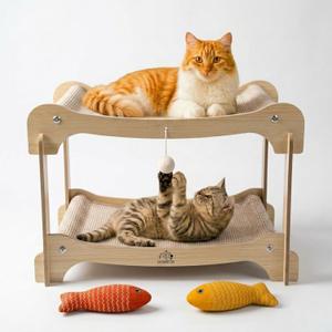 PAWLINA Large 2-in-1 Cat Scratcher Bed, 2-Tier Sisal Cat Lounge, Converts into Two Separate Beds with 2 Catnip Toys