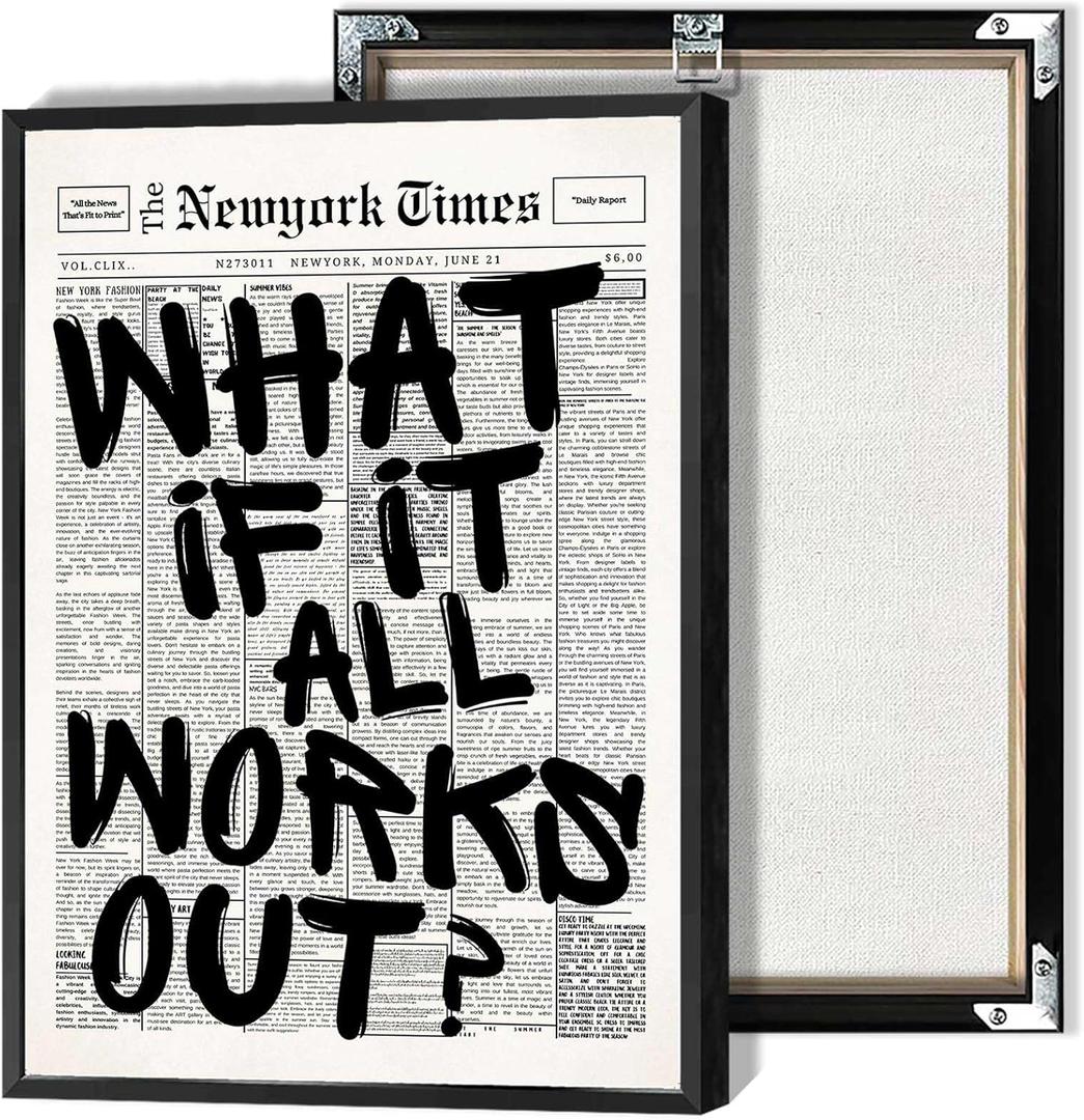 Retro Black And White Newspaper Poster What If It All Works Out Canvas Wall Art Positive Affirming Quote Minimalist Prints Painting For Home Bedroom Dorm Wall Decor 16x24in Framed