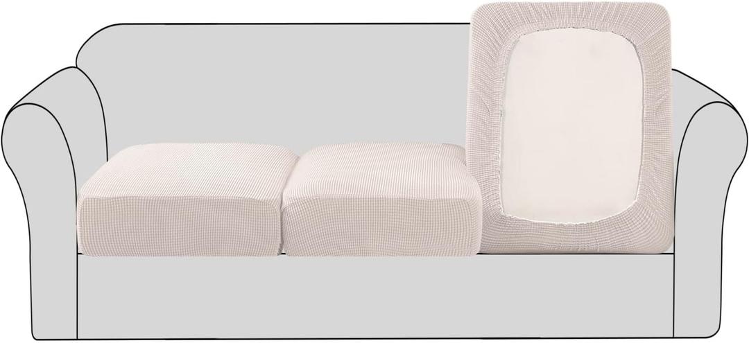 H.VERSAILTEX Super Stretch Couch Cushion Covers Sofa Cushion Slipcovers Jacquard Fabric Individual Seat Couch Slipcover Sets for Pets with Elastic Bottom(3 Packs Cushion Sofa Covers, Ivory)