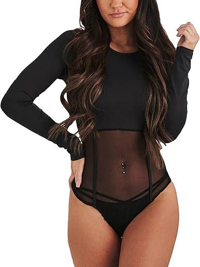 SEBOWEL Women Long Sleeves Mesh See Through Jumpsuit Bodysuit Top Leotard, SIZE MEDIUM ( Black )