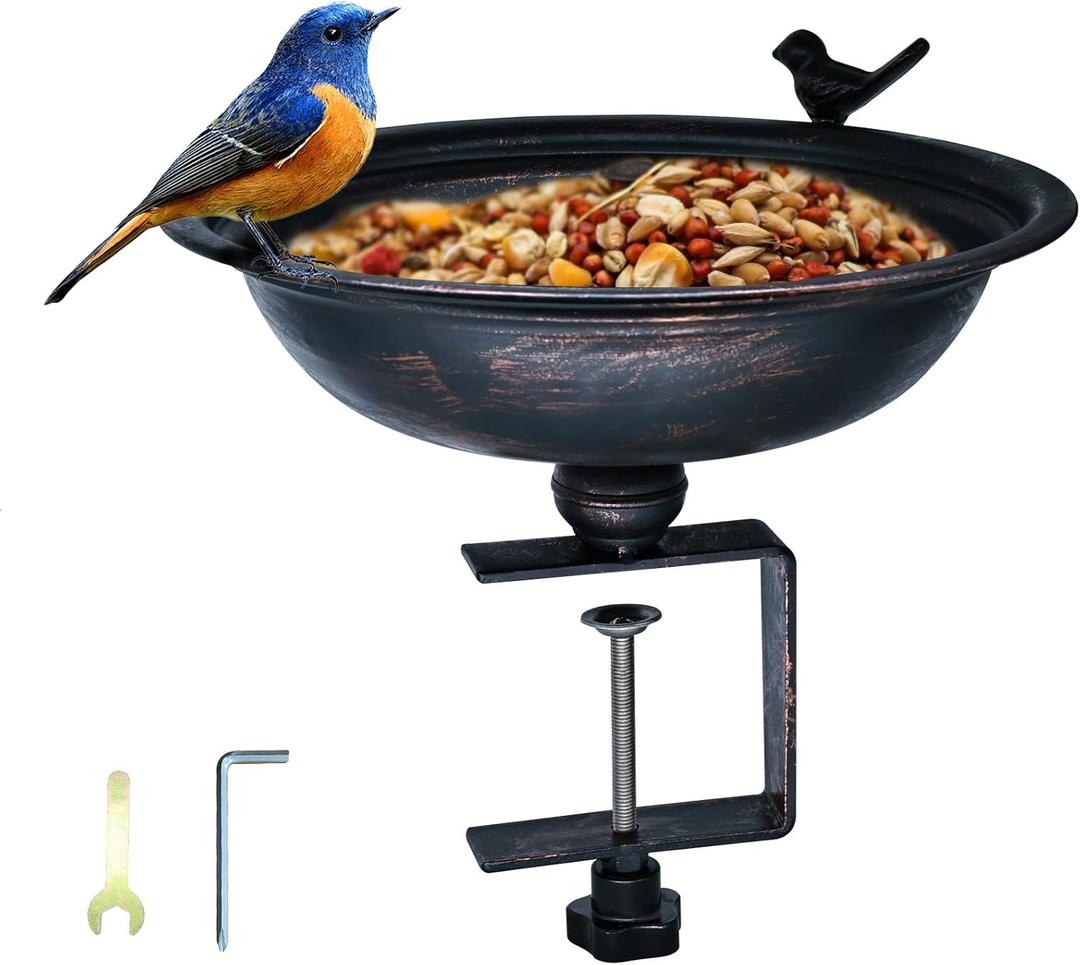 12-Inch Metal Bird Bath and Feeder for Outdoors, Deck Mounted Bird Bath with Detachable Basin, Garden Bird Bath for Balcony, Porch, and Railing, Outdoor Bird Decor, Bronze Color, Easy to Clean (red copper)