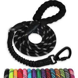 Rope Dog Leash 3 FT: Heavy Duty Leashes with Swivel Lockable Hook Reflective Threads Bungee and Padded Handle - Dog Lead for Large Small Medium Dogs Outside Walking Hiking Black (3ft*1/2'')