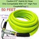 SANFU Hybrid Air Hose 1/2ID x 50FT, Burst 900PSI, Durable, Heavy Duty, Flexible, 1/2" High Flow Coupler&Plug Air Fittings, Bend Restrictors, Green(50)