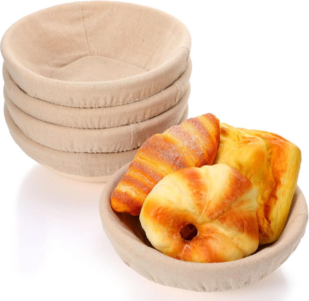 Nuogo Set of 5 Banneton Bread Proofing Basket 8.5 inch Round Sourdough Proofing Basket Bowl with Liners and Scatters for Home Making Bread Bakers Baking