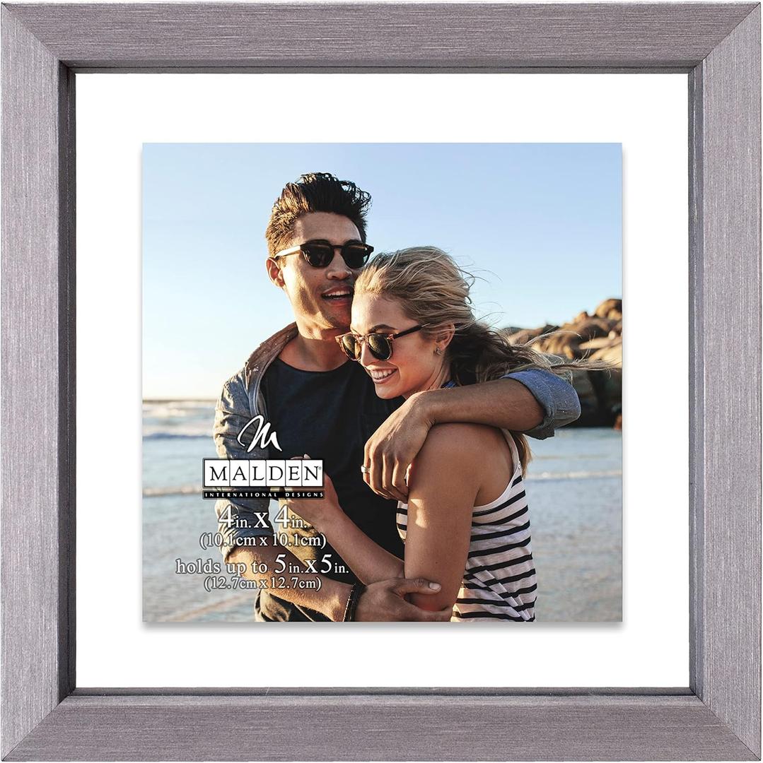 Malden International Designs 5x5 Floating Glass Picture Frame Displays 4x4 Photo, Gray MDF with Wood Grain Finish