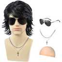 Mens Black Wig+Necklace+Glasses+Wig Cap,Layered Fluffy Wig for Male Daily Party Halloween Cosplay Costume UseBlack