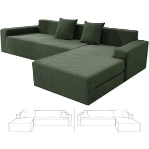 ZNSAYOTX Sectional Couch Covers, Stretch Jacquard Slipcovers with Elastic Bottom for L-Shape Sectional Sofa, 2 Pcs Pet Friendly Modular Sofa Protector (3 Seat Couch + 2 Seat Chaise, Army Green)