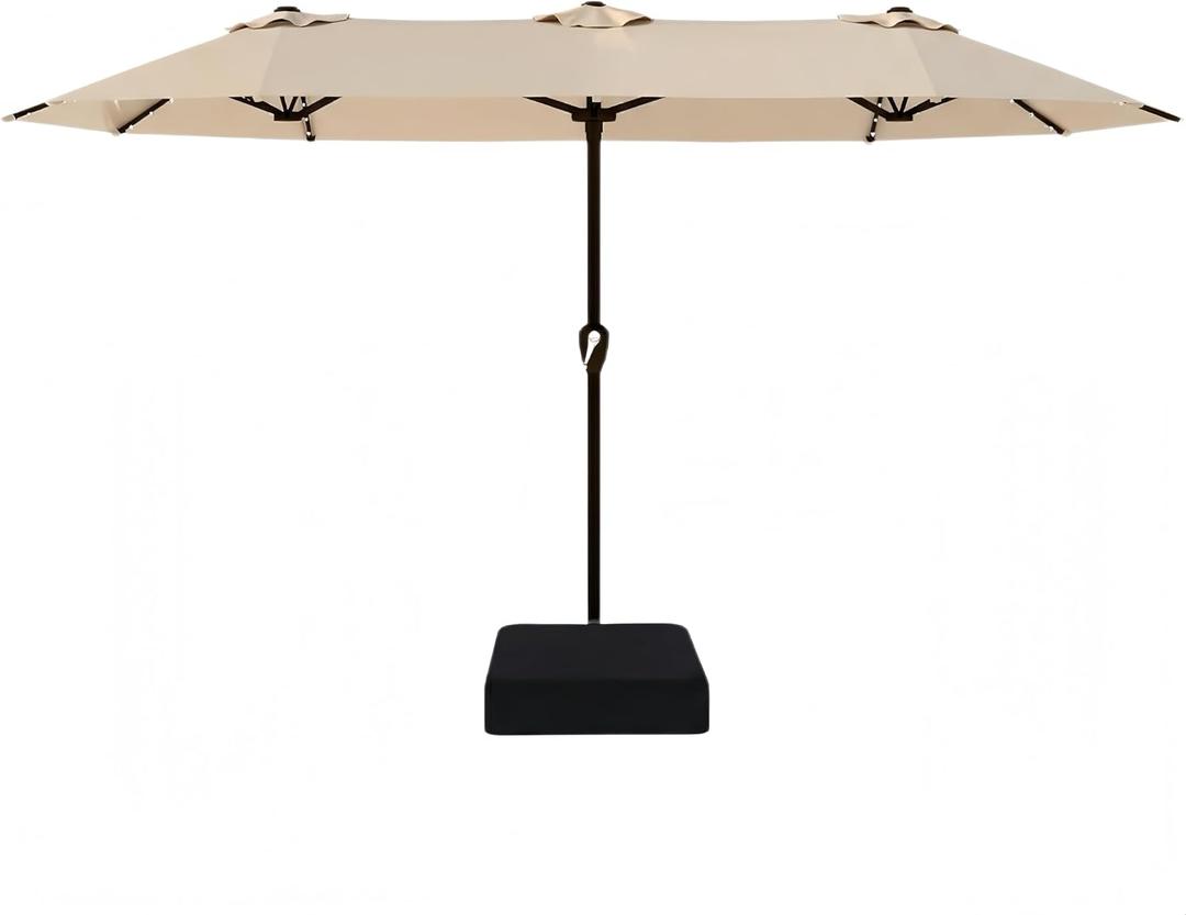 Kingdura 15ft Large Patio Umbrella with Solar Lights, Double-Sided Rectangle Lighted Outdoor Table Umbrella with Base Included, 12 Reinforced Ribs, 48 Led Lights, Crank Lift for Market Pool Deck Backyard, Beige