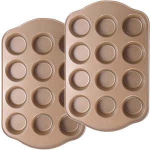 2 Pack Nonstick Muffin Pan Set, 12-Cup Heavy Duty Cupcake Baking Pan with Handles - PFOA-Free Muffin Tin, Rust Proof & Warp Resistant, Oven Safe 430F (Gold)
