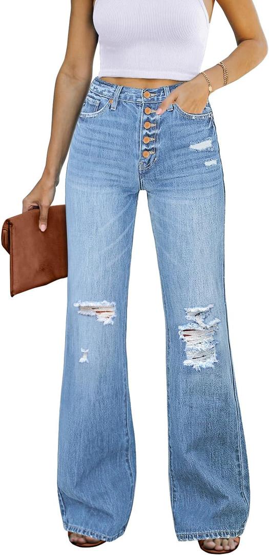 Utyful Women's High Waist Relaxed Fit Ripped Jeans Stretchy Flare Jeans Denim Pants (Cool Blue)